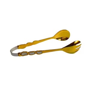 Pinces à glace en acier inoxydable doré avec extrémités en forme de cuillère et de fourchette, résistantes à la chaleur, pour servir des glaçons et lors de fêtes - Product Image 1