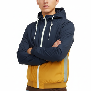 Custom Men's Hooded Windbreaker <b>Jacket</b> Color Block Navy Yellow <b>Lightweight</b> Sporty Casual Outdoor Zip Up Outerwear Coats - Product Image 2
