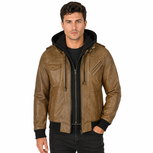 Veste en cuir marron pour homme de qualité supérieure avec capuche amovible, coupe ajustée, style vintage, veste de motard, veste bomber, manteau d'hiver décontracté - Product Image 1