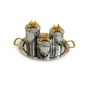<b>Set</b> of 3 Hammered Metal Jars on Serving Tray with Decorative Gold Butterfly Lids Luxury <b>Tea</b> <b>Coffee</b> and <b>Sugar</b> Container <b>Set</b> - Product Image 1
