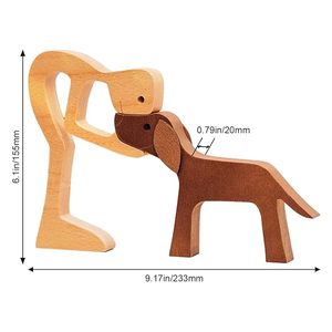 Escultura de madera natural que representa la unión entre una madre que cuida a su hijo y un perro, una obra de arte decorativa conmovedora. - Product Image 1
