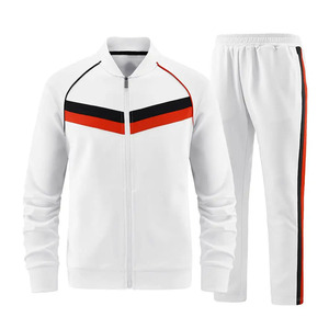 Survêtement unisexe blanc long avec rayures rouges et noires, en polyester respirant, style sportif, coupe classique, idéal pour l'automne - Product Image 1
