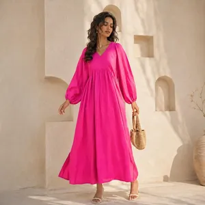 Women Fuchsia Plain Cotton Linen Maxi <b>Dress</b> With V-Neck <b>Loose</b> Fit Full Puff Sleeve Summer Casual <b>Dress</b> For Women - Product Image 1