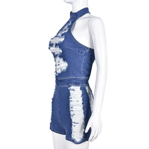 Combinaison en jean pour femme, col montant, sans manches, déchirée, bords effilochés, style club sexy, longueur au-dessus du genou, tenue d'été - Product Image 3