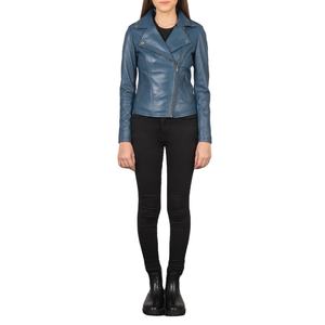 Oversized Breathable Distressed Ripped Casual Solid Royal Blue Cow Skin <b>Leather</b> Winter <b>Jacket</b> <b>Women</b> High Quality Customized - Product Image 1