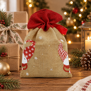 Pochette cadeau de Noël en jute naturelle avec cordon de serrage 25x35 cm, sac en jute rouge Lurex, logo personnalisé, marque privée, vente en gros, OEM, série réutilisable - Product Image 4