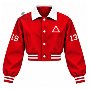 Delta |   Sigma |   Chaqueta Universitaria Roja de Satén para Mujer Theta, con Cuello en Contraste, Botones a Presión, Escudo Bordado, Chaqueta Letterman - Product Image 1