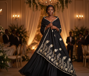 Écharpe en Chiffon Brodé de Motifs Floraux Africains - Châle Traditionnel Orné de Strass Dorés - Élégant Voile Festif Aso Ebi - Product Image 3