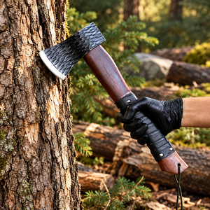 Hache de camping en acier carbone forgé à la main avec tête de hache martelée, manche en bois et poignée en cuir, hache de survie pour l'extérieur - Product Image 6