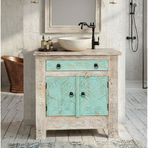 ตู้สไตล์อินเดียแบบดั้งเดิม ตกแต่งลายแกะสลักแบบเรียบง่าย สำหรับห้องนั่งเล่น พร้อมตู้ลิ้นชักสองบาน ตู้บุฟเฟ่ต์ ลุคธรรมชาติ - Product Image 1