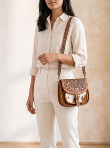 Hand Tooled Genuine Leather Saddle Shoulder Bag Cowhide Pattern Crossbody <b>Purse</b> Vintage Floral Women's Daily Travel - Product Image 5