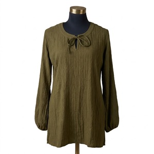 Blusa de Punto de Manga Larga para Mujer con Cuello de Lazo, Diseño a Cuadros/Color Negro Sólido, Corte Regular, Estilo Minimalista para Todas las Temporadas - Product Image 5