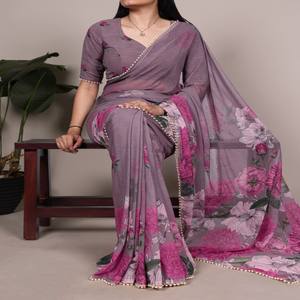 VASTRA COTTAGE Saree Marbal con Estampado Floral y Borde de Encaje de Perlas, Blusa sin Coser, Elegante Traje Étnico para Fiestas para Mujer - Product Image 1