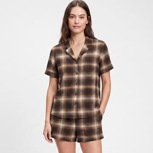Ensemble de pyjama décontracté pour femme en flanelle à carreaux, chemise boutonnée à manches courtes et short, deux pièces - Product Image 6