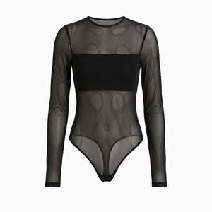 Body string décontracté d'été pour femme, uni, transparent, coupe haute, une pièce, en tissu résille, manches longues - Product Image 1