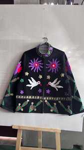 Chaqueta Boho de Terciopelo Bordada con Diseño Suzani, Cuello Mandarín, Manga Larga, Corte Holgado, Bordado a Mano con Patrón Floral, Prenda Exterior para Todas las Temporadas - Product Image 2