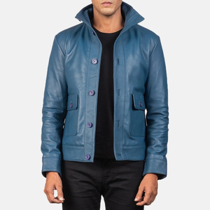 Veste en cuir véritable bleue pour homme, col rabattu, fermeture à boutons, coupe ajustée, longueur normale, style décontracté d'automne - Product Image 5