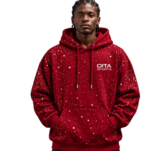 Cherry <b>Red</b> White Speckled Print Men Hoodie Oversized Pullover Fleece Sweatshirt Long Sleeve Hooded <b>Top</b> Kangaroo Front Pocket - Product Image 1