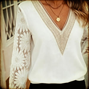 Oferta en Temu: Blusa Elegante para Mujer con Cuello en V y Encaje, Manga Larga, Estilo Casual y Holgado para Oficina, Uso Diario y Fiestas - Product Image 6