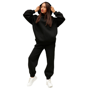 Ensemble de survêtement à capuche pour femmes, couleur unie, manches longues, coupe ample avec poches latérales, respirant, décontracté, vêtements d'automne - Product Image 1
