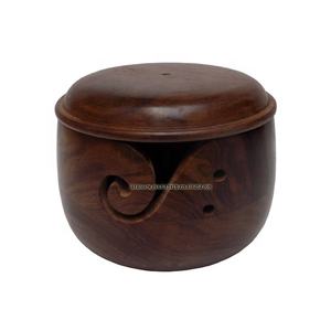 Tazón de hilo de madera hecho a mano con tapa en forma circular para tejer y ganchillo al precio más bajo - Product Image 2