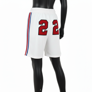 Short de basket-ball en molleton de coton et polyester de qualité supérieure, blanc, rouge, bleu, avec empiècements latéraux en chenille, broderie personnalisée, logo sur mesure, pour femmes. - Product Image 2