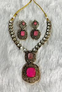 Elegant Pink Double Strand Polki Necklace <b>Set</b> with Matching Stone Earrings Gold Plated Traditional <b>Indian</b> Bridal Wedding <b>Jewelry</b> - Product Image 3