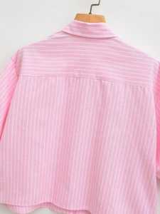 เสื้อเชิ้ตผ้าทอลายทางสีชมพู ปกพับได้ แขนสั้น ทรงหลวม สำหรับผู้หญิง สวมใส่สบายๆ ในชีวิตประจำวัน เสื้อผ้าลำลองสำหรับผู้หญิง - Product Image 4