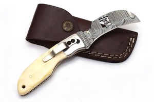 Damascus blade <b>knife</b> Eagle engraved wood <b>handle</b> Industrial grade folding <b>knife</b> Pocket <b>knife</b> with leather sheath - Product Image 5