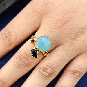Hip hop <b>ring</b> sky blue chalcedony with hydro quartz <b>adjustable</b> <b>ring</b> solid brass 18k gold plated triple gemstone boho jewelry <b>ring</b> - Product Image 6