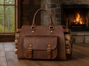 Sac de transport robuste en cuir véritable et bois pour bûches de chauffage, fabrication OEM, modèle LWC-0013 - Product Image 1