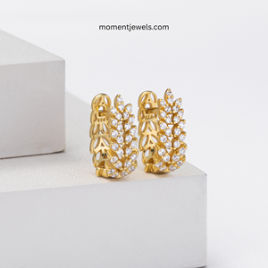 Boucles d'oreilles créoles en argent sterling 925 en forme de feuille, plaquées rhodium et or 18 carats, avec zircon, bijoux tendance pour femme, pour mariage et soirée - Product Image 5