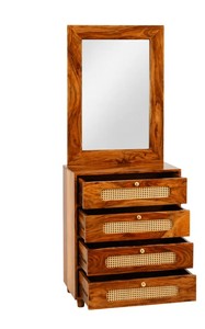 Mid-Century Modern Solid Wood Rattan <b>Dressing</b> Table | 4 Drawer Cane Webbing Vanity with Mirror | Wholesale Bedroom Furniture - Product Image 5
