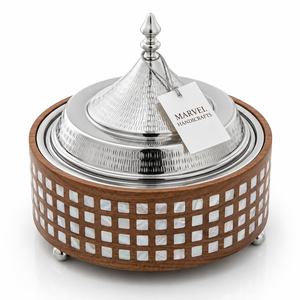Casserole de luxe en bois avec intérieur en acier inoxydable, incrustation nacre, chauffe-plat isolé, pot de service pour repas chauds - Product Image 1
