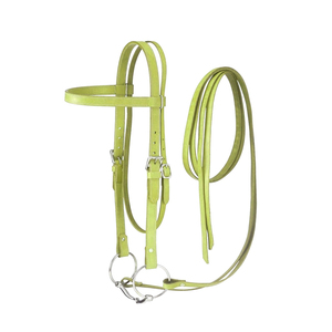 Têtière en cuir pour cheval, réglable, verte, avec anneaux métalliques, harnais équestre, quincaillerie dorée. - Product Image 1