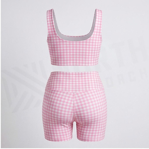 Pink Plaid 2 Piece Casual Sleeveless Sports <b>Set</b> Crop Top High Waist Shorts Breathable Polyester Women's Workout Wear Spring - Product Image 2