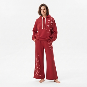 Ensemble de survêtement pour femme, sweat-shirt rouge à capuche, pantalon large à imprimé floral, tenue décontractée en 2 pièces - Product Image 2