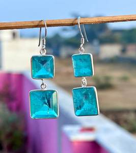 Paraiba Tourmaline Dangle <b>Earrings</b> Neon <b>Blue</b> Sterling Silver Drop <b>Stud</b> Luxury Handmade Jewelry Elegant Gift - Product Image 1