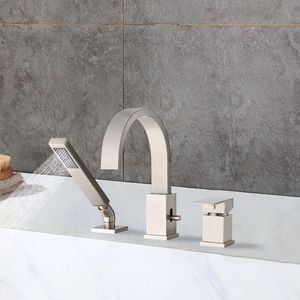 Set rubinetto vasca idromassaggio a 3 fori con doccetta e soffione a cascata, montaggio su piano, per bagno e doccia - Product Image 5