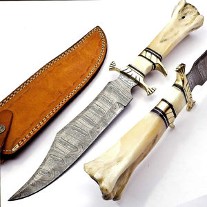 Couteau de chasse et de camping Bowie en acier inoxydable PRESTIGE, personnalisé OEM/ODM, à lame à pointe clip et bord dentelé, manche en bois et étui en cuir, vente en gros - Product Image 1