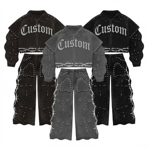 Custom Women Set Denim Tracksuit Set Rhinestone Studded Cropped Jean <b>Jacket</b> Wide Leg Pants Washed Black <b>Gothic</b> Y2K Streetwear - Product Image 3
