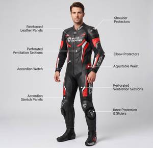 Men's Black <b>Red</b> White Leather Motorcycle Racing <b>Suit</b> Full Sleeve Breathable All Seasons Wear - Product Image 3