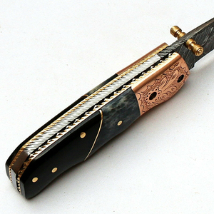 Custom OEM Handmade Damascus Straight Camping Folding <b>Knife</b> Camel <b>Bone</b> Buffalo Horn <b>Handle</b> Engraved Pocket <b>Knife</b> Leather Sheath - Product Image 3