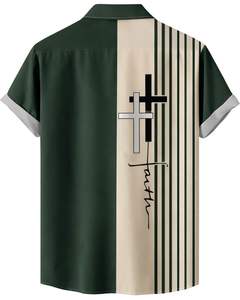 Camisa de Manga Corta con Botones y Estampado de Cruz Verde Oscuro y Beige, Estilo Casual de Verano para Hombre, Fabricante OEM, Suministro al por Mayor - Product Image 2