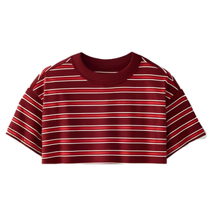T-shirt décontracté pour homme en tricot à manches courtes, col rond, rayures blanches et bordeaux, 100% coton, confortable et élégant - Product Image 5