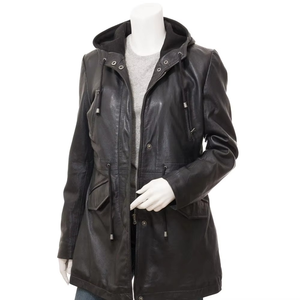 Women's Black Genuine Leather Hooded Moto Jacket With Zipper Closure And Pockets Autumn Style - Product Image 3