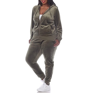 Women's Olive Green Hooded <b>Tracksuit</b> Set Full Length Solid Color Casual Joggers with Side Pockets Zipper Fly Autumn Wear - Product Image 1