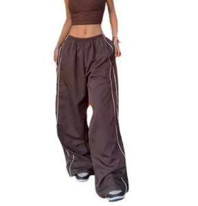 <b>Women</b> Brown Wide Leg <b>Parachute</b> <b>Pants</b> Elastic Waist Full Length Casual Solid Color Drawstring Breathable Eco-Friendly Waterproof - Product Image 1