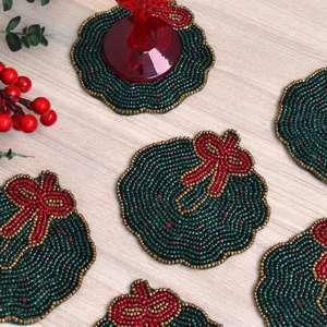 Christmas Coffee <b>Table</b> Coasters Bohemian Design Handmade Eco-Friendly Polyester Cotton <b>Round</b> 3mm Reindeer Decorative Gift - Product Image 1