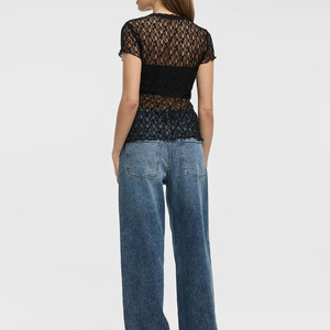 Haut court noir en dentelle à manches courtes pour femme, col en V, couleur unie, sexy, ample, 100 % coton, anti-boulochage, printemps-été - Product Image 2